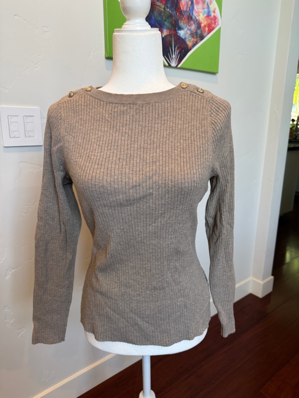 H&M Taupe Ribbed Crew Neck Sweater with Shoulder Buttons